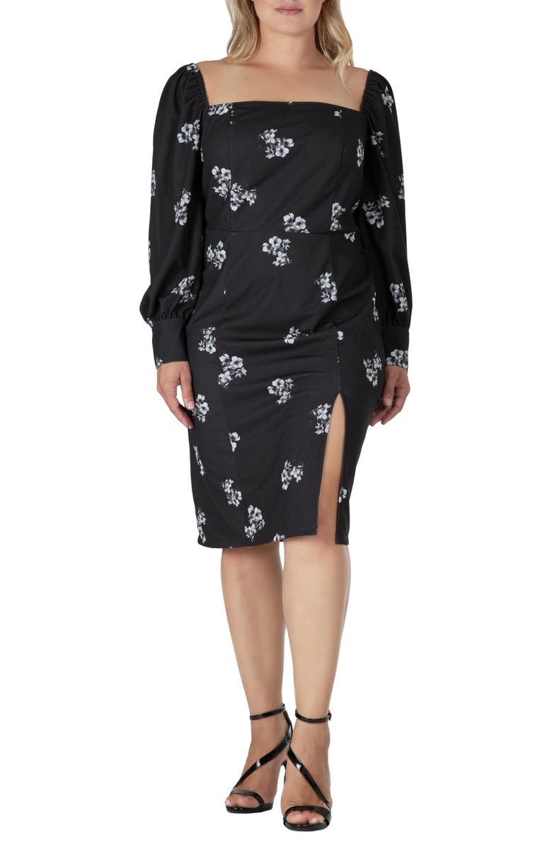 Standards & Practices Floral Ruched Long Sleeve Dress, Main, color, Black White Sakura
