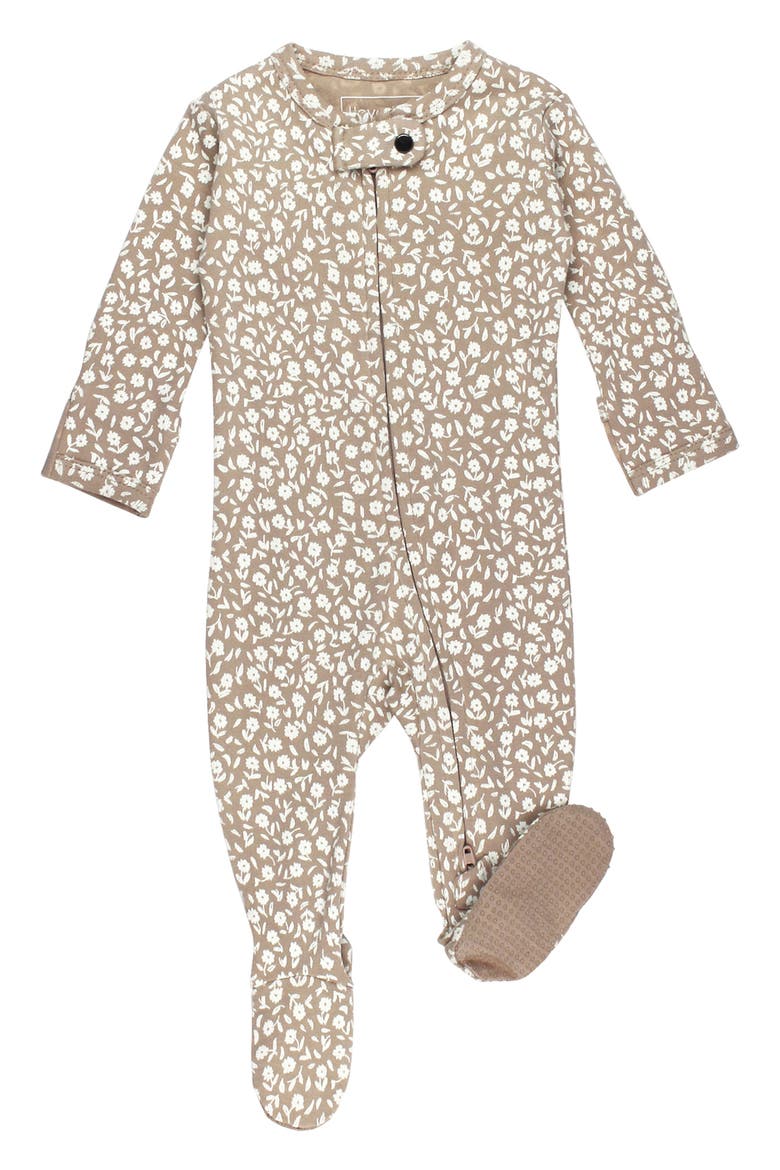 Print Organic Cotton Two-Way Zip Footie, Main, color, OATMEAL DITSY FLORAL