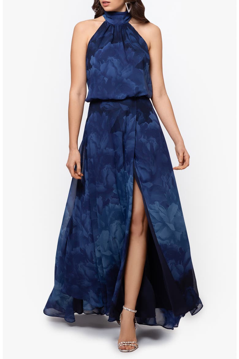 Tonal Floral Print Chiffon Gown, Main, color, NAVY/ BLUE