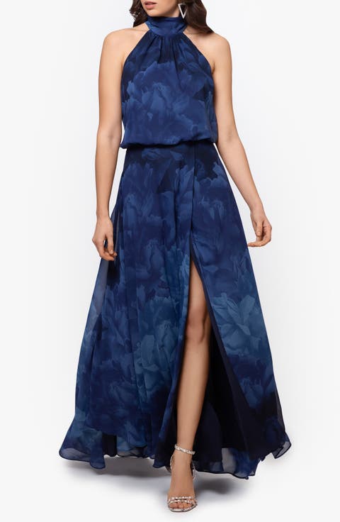 Tonal Floral Print Chiffon Gown