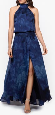 Betsy & Adam Tonal Floral Print Chiffon Gown