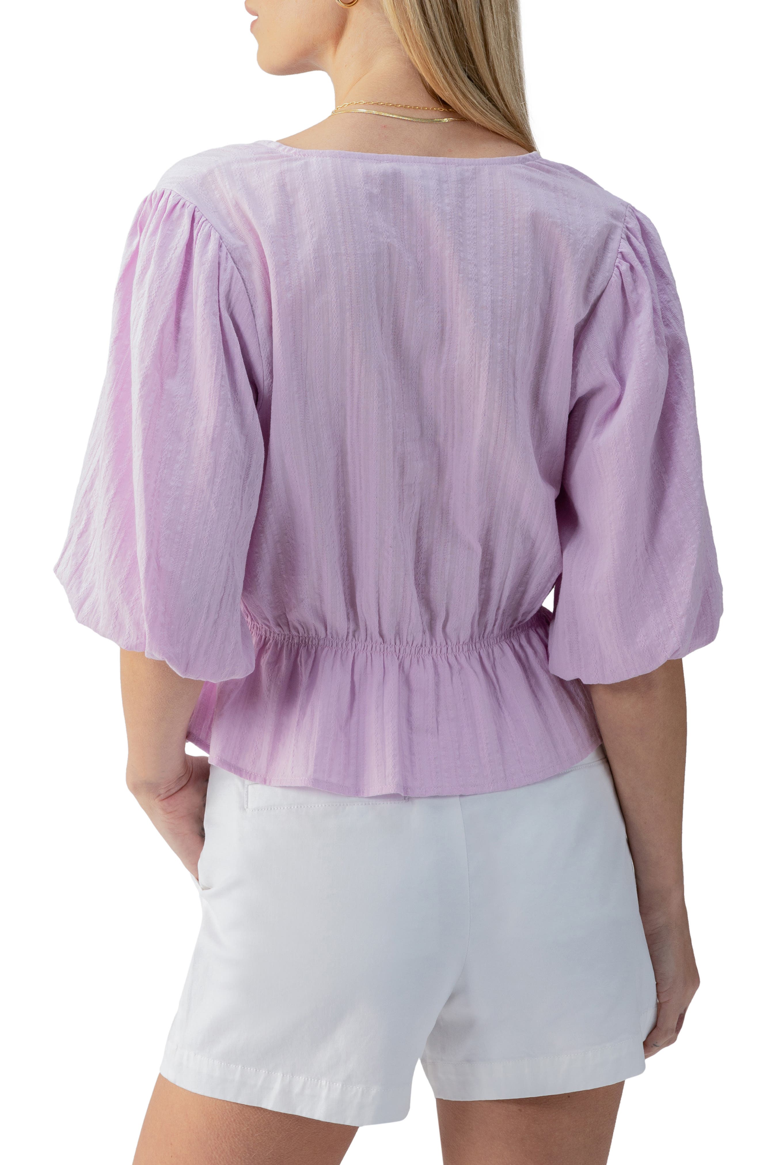 Puff Sleeve Cotton Dobby Button-Up Top - image 2