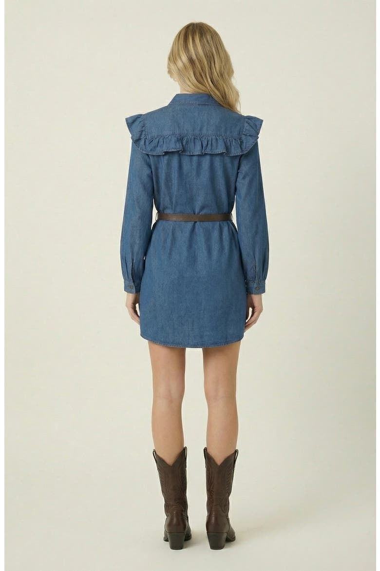 Denim Ruffle Collar Shirt Dress, Alternate, color, Indigo