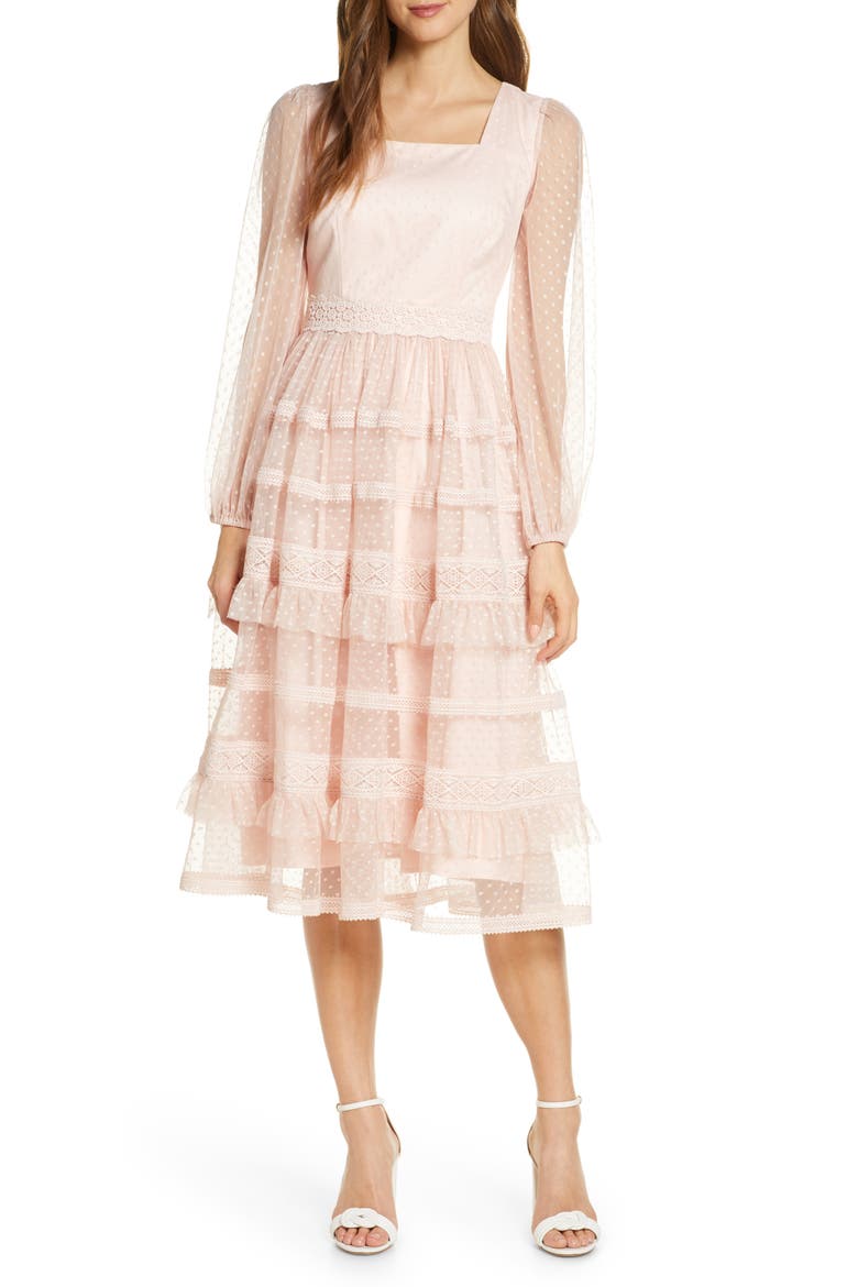 Tiered Ruffle Long Sleeve Lace Midi Dress, Main, color, PINK PEACH
