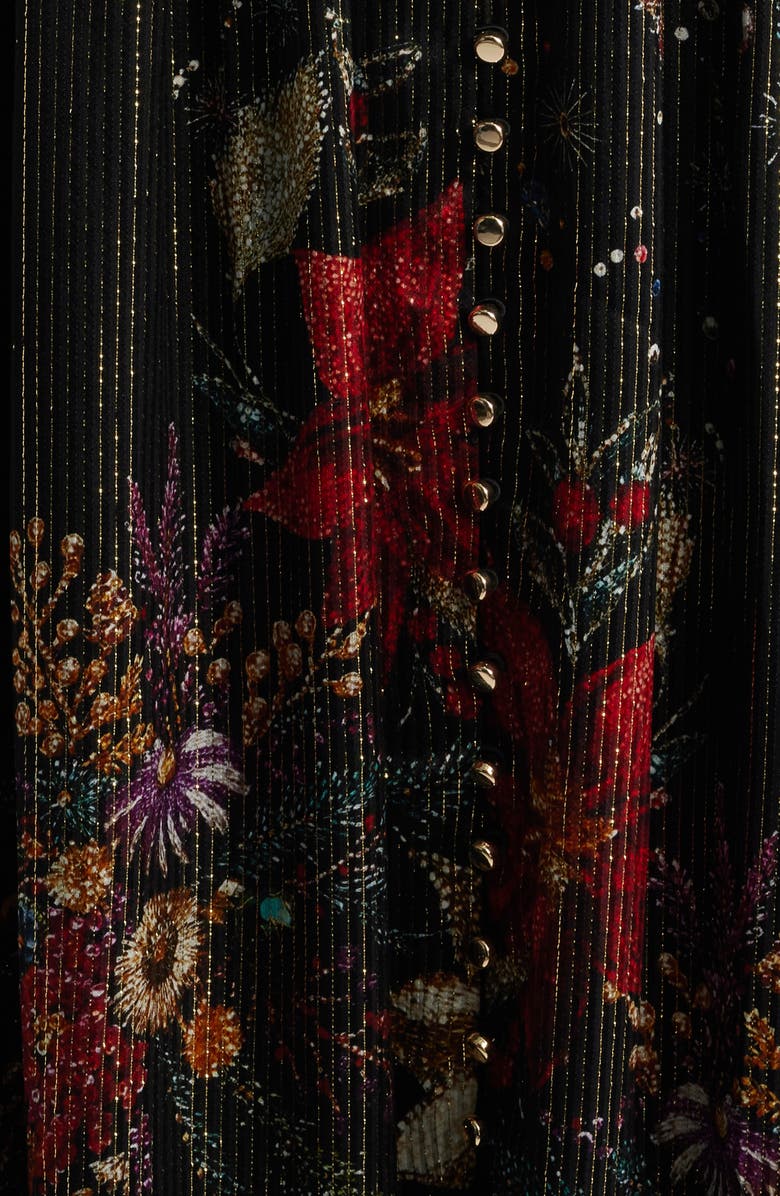 Elie Tahari The Sophie Floral Metallic Stripe Long Sleeve Silk Blend Dress, Alternate, color, Rhinestone Floral