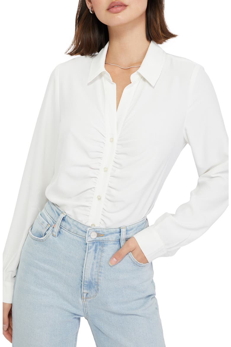 Ruched Boyfriend Button-Up Shirt, Alternate, color, WHITE