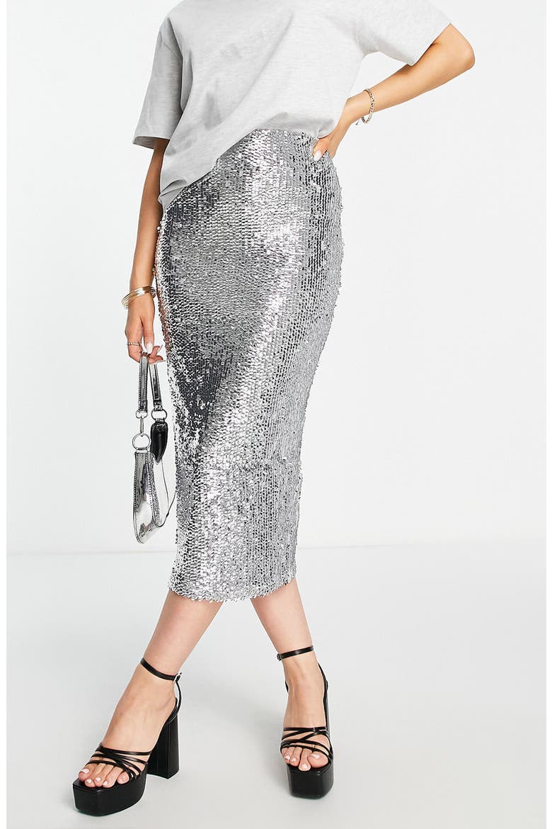 Sequin Midi Skirt, Alternate, color, SILVER