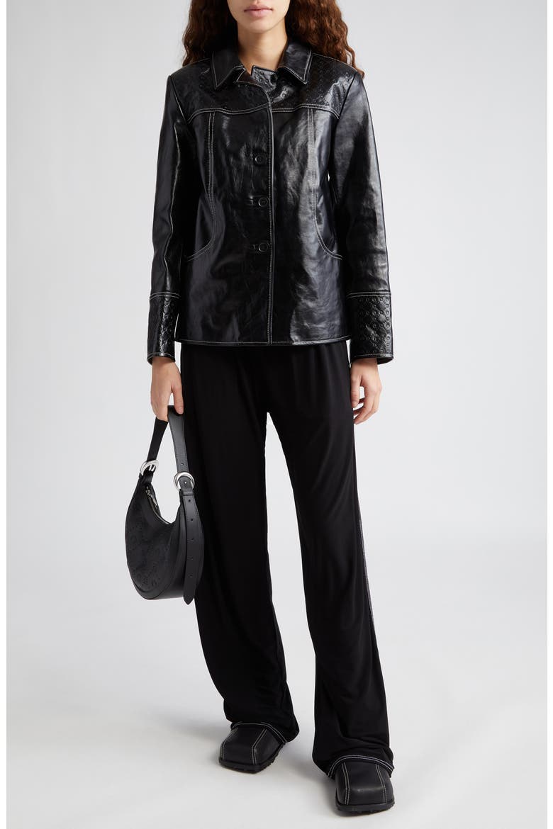 Moonogram Debossed Leather Jacket, Main, color, BLACK