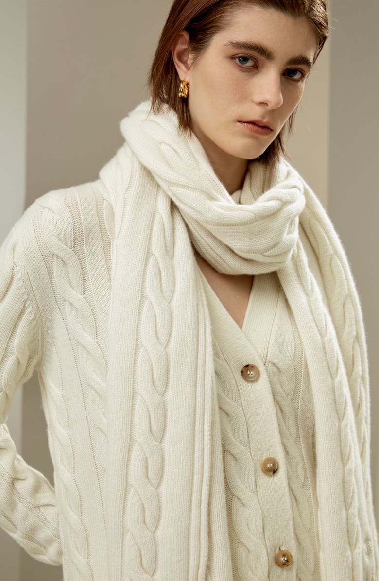 Lilysilk Oversized Cable Weave Wool Cardigan for Women, Alternate, color, White