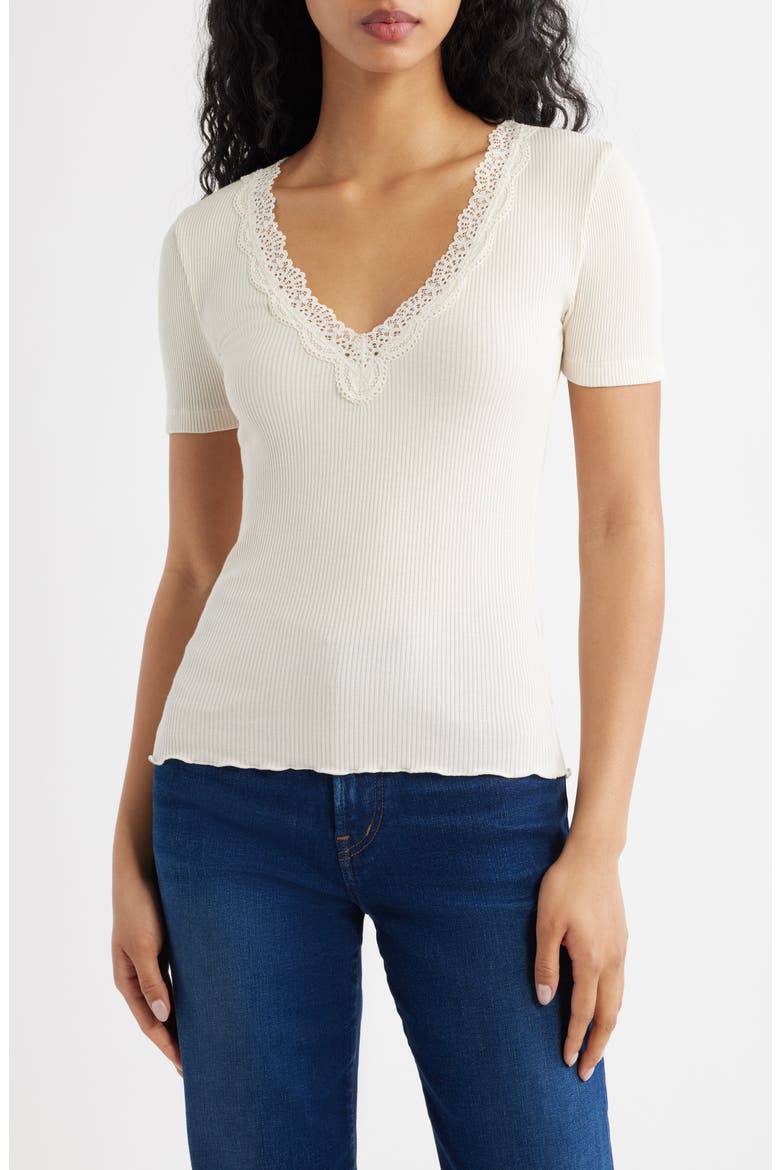 Lace Trim V-Neck Rib Top, Main, color, VINTAGE IVORY