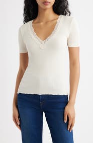 Madewell Lace Trim V-Neck Rib Top
