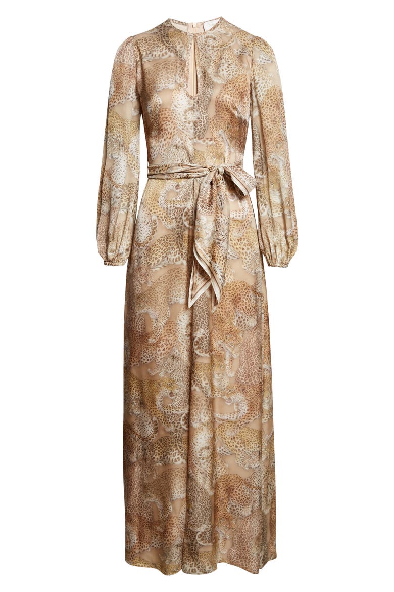 Rebellion Long Sleeve Belted Silk Maxi Dress, Alternate, color, LATTE LEOPARD