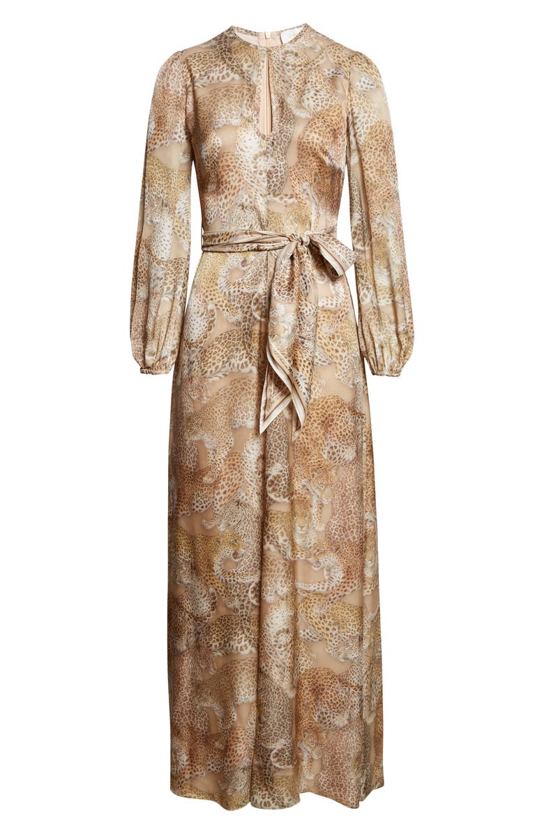 Zimmermann Rebellion Long Sleeve Belted Silk Maxi Dress, Alternate, color, Latte Leopard