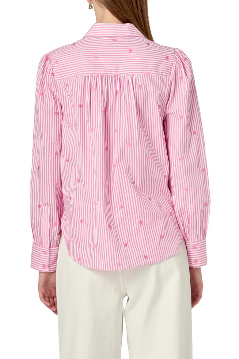 Heart Embroidery Stripe Cotton Button-Up Shirt, Alternate, color, PINK/ WHITE