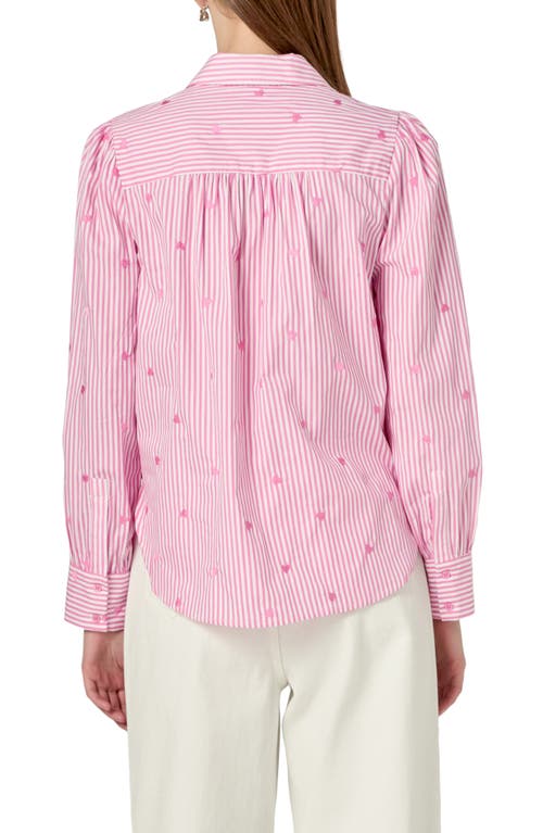 English Factory Heart Embroidery Stripe Cotton Button-up Shirt In Pink/white