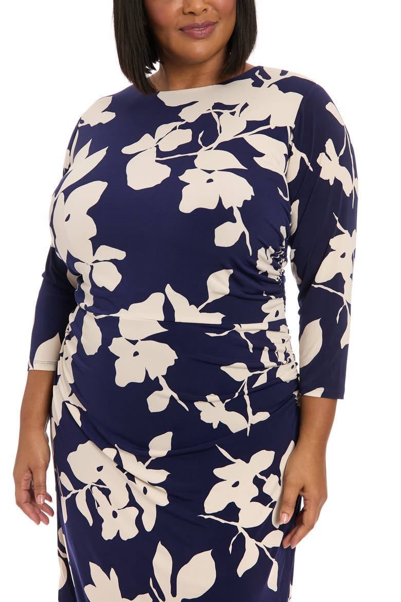 Ruched Long Sleeve Midi Dress, Alternate, color, NAVY/ CREAM