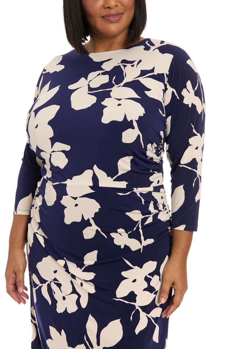 London Times Ruched Long Sleeve Midi Dress, Alternate, color, Navy/ Cream