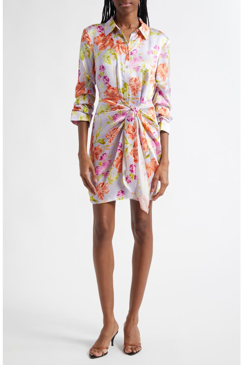 Jacy Ruched Sleeve Tie Waist Satin Shirtdress, Main, color, PALE LAVENDER MULTI