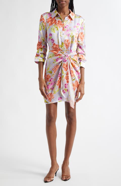 Jacy Ruched Sleeve Tie Waist Satin Shirtdress