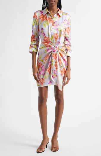 Cinq à Sept Jacy Ruched Sleeve Tie Waist Satin Shirtdress
