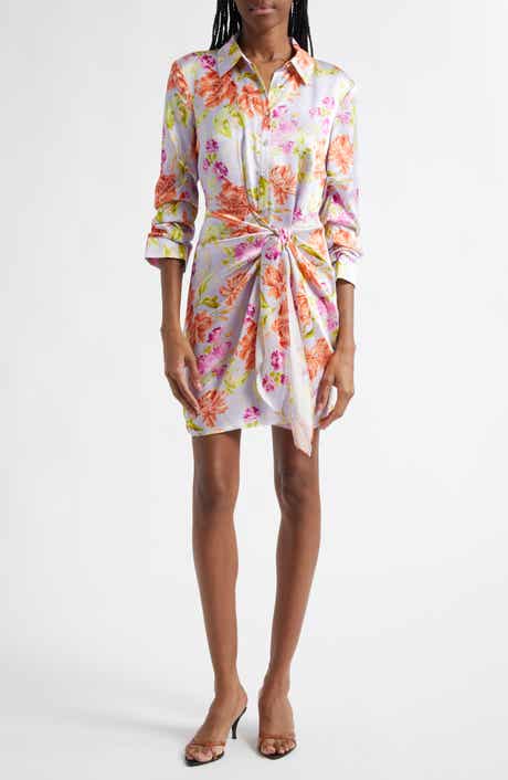 Cinq à Sept Jacy Ruched Sleeve Tie Waist Satin Shirtdress