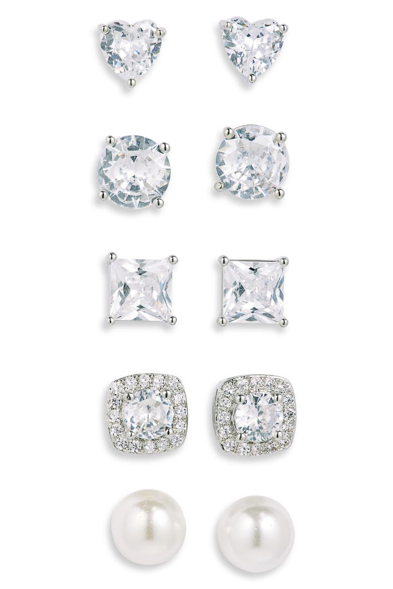 5-Pack Assorted CZ & Faux Pearl Stud Earrings, Main, color, CLEAR- WHITE- SILVER