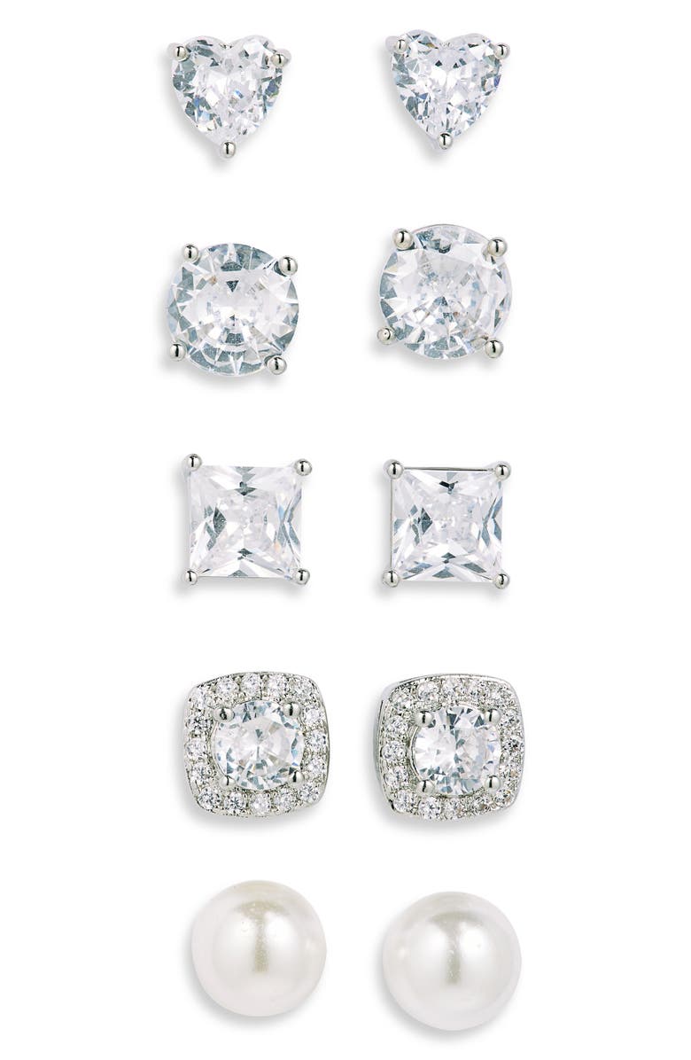 NORDSTROM RACK 5-Pack Assorted CZ & Faux Pearl Stud Earrings, Main, color, Clear- White- Silver