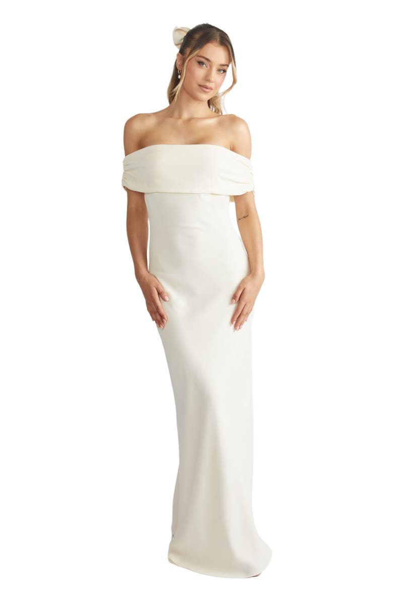 Six Stories Bardot Crepe Bridesmaid Dress, Main, color, Almond