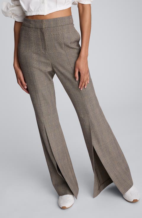 Glen Plaid High Waist Split Flare Leg Pants