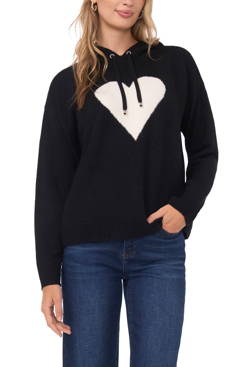 Intarsia Heart Sweater Hoodie, Main, color, RICH BLACK