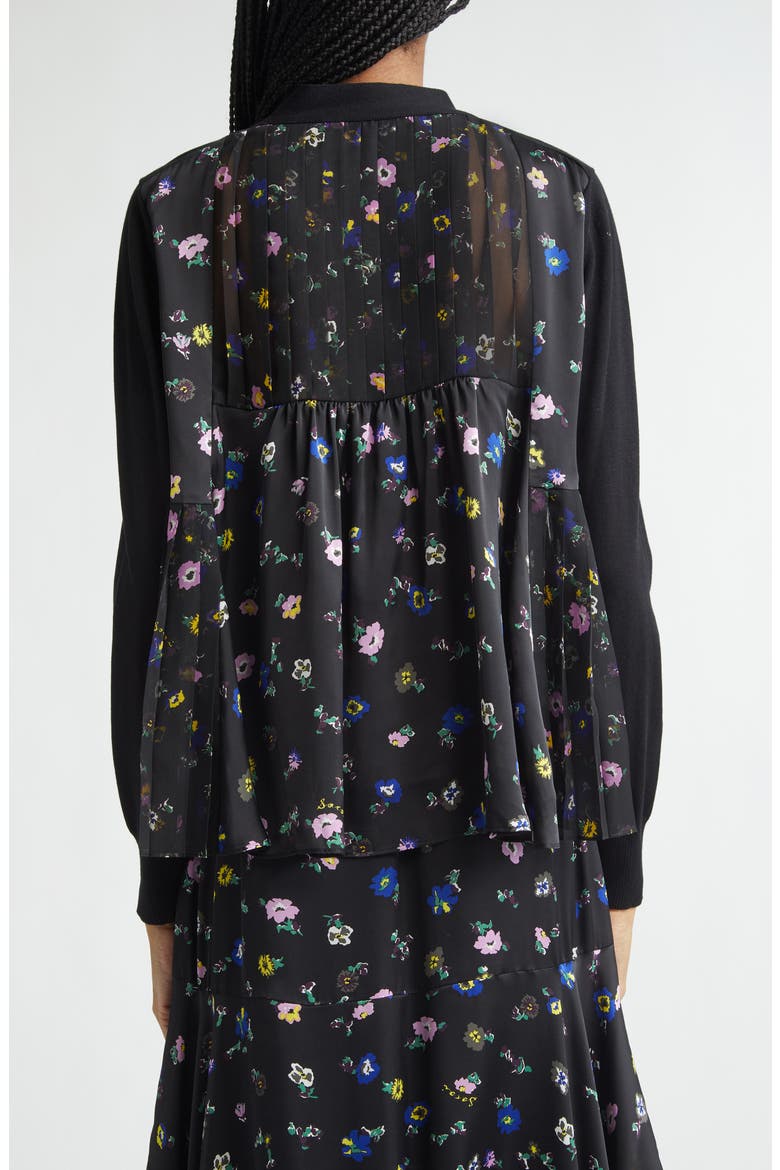 Mixed Media Pleated Floral Chiffon & Knit Cardigan, Alternate, color, BLACK/ BLACK