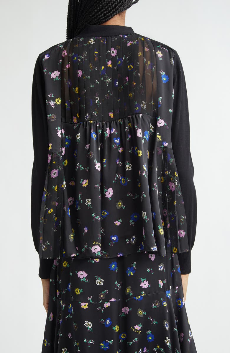Sacai Mixed Media Pleated Floral Chiffon & Knit Cardigan, Alternate, color, Black/ Black