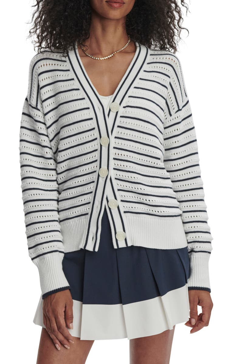 Varley Antonia Relaxed Fit Pointelle Cardigan, Main, color, White/ Blue Nights