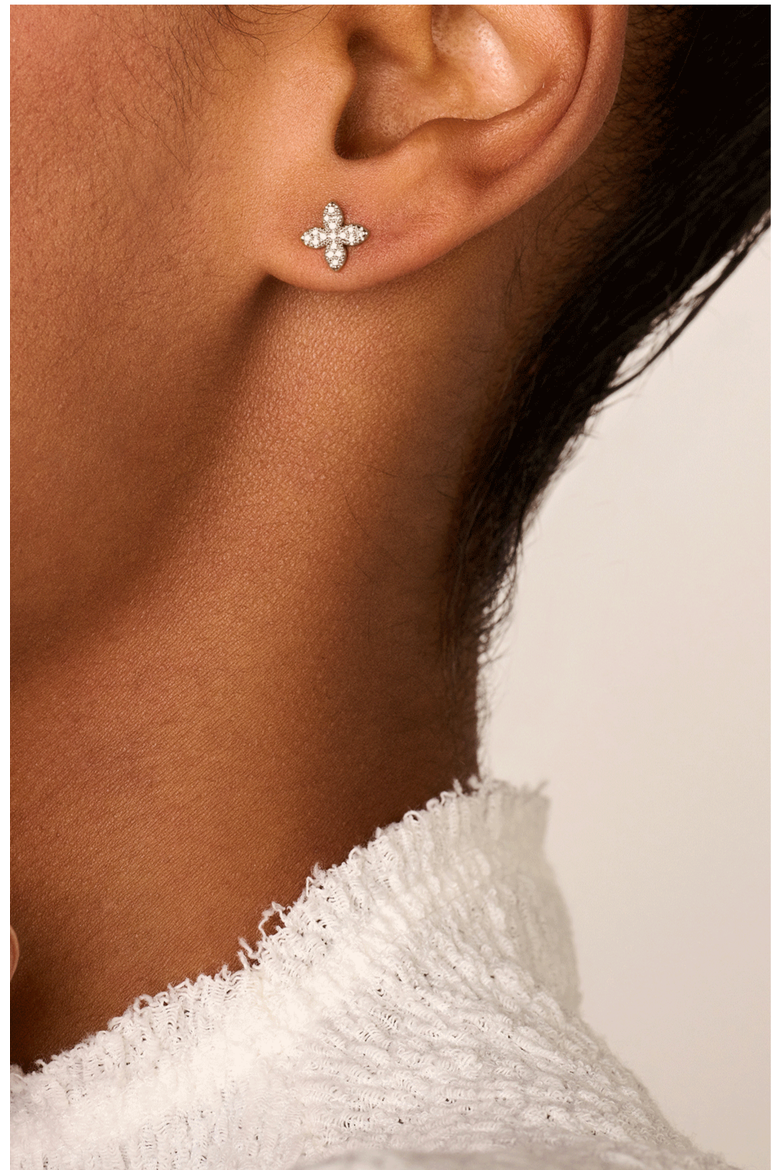 Little Flower Diamond Earrings |  34 natural diamonds | 925 Sterling Silver | Earrings | Pin | White Rhodium, Alternate, color, White Rhodium