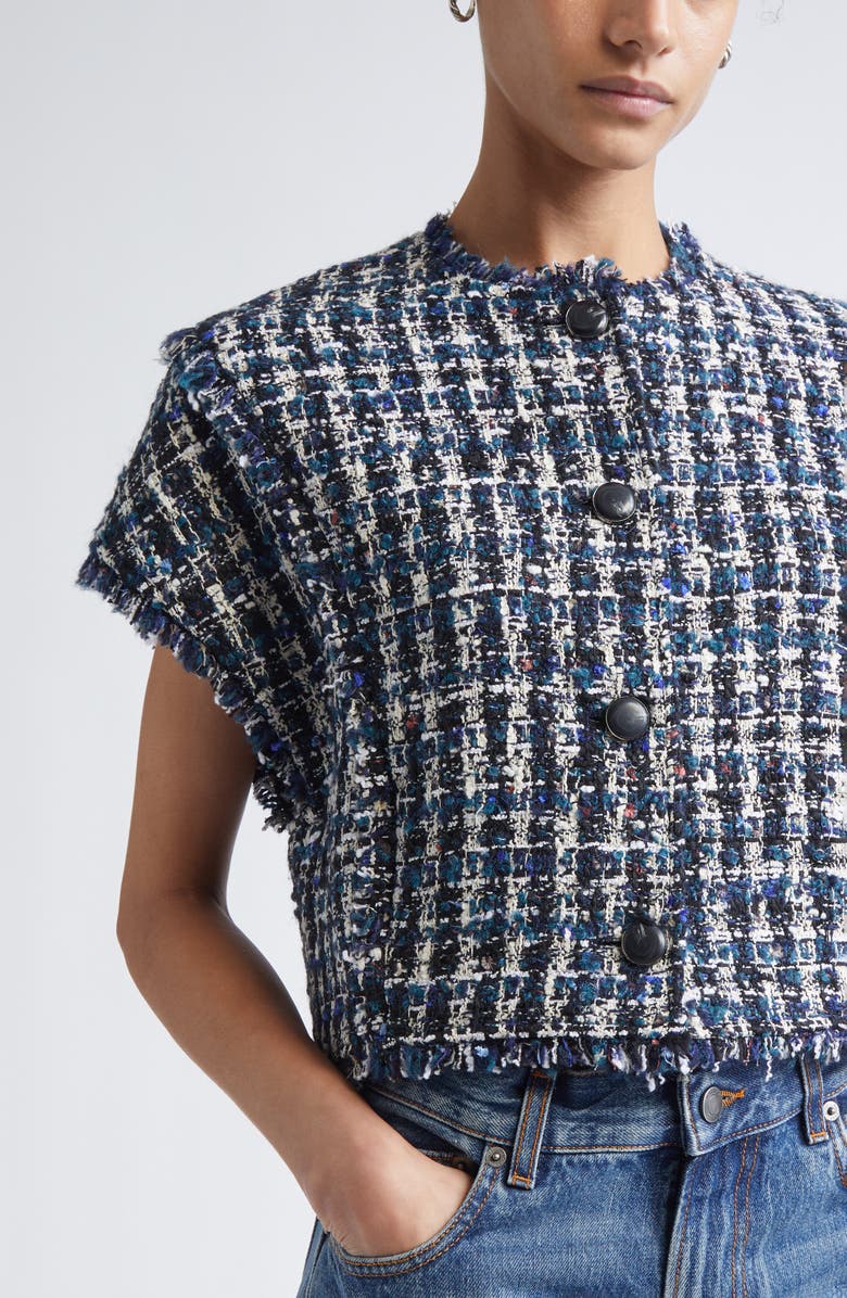 ST. JOHN Fringe Cap Sleeve Multicolor Check Tweed Jacket, Alternate, color, Tourmaline Multi
