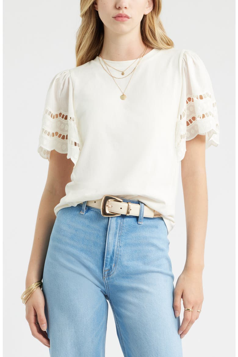 Flutter Sleeve Eyelet Top, Main, color, IVORY EGRET