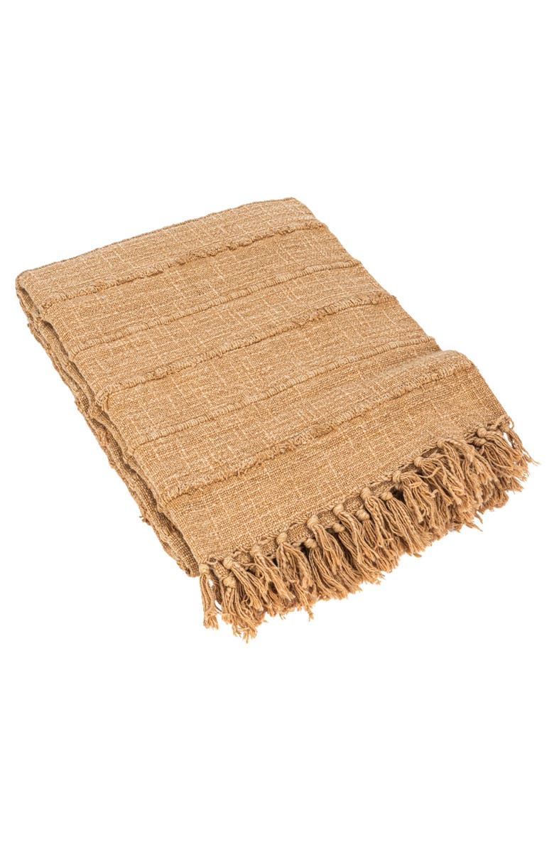 Storied Home Stonewashed Woven Cotton Slub Throw with Pom Pom Trim and Fringe, Main, color, Cream