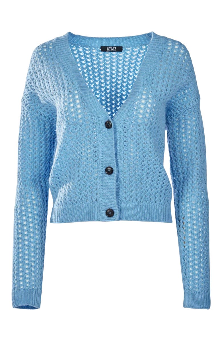 GOBI Mongolian Cashmere Ajour Knit Cardigan, Alternate, color, Airy Blue