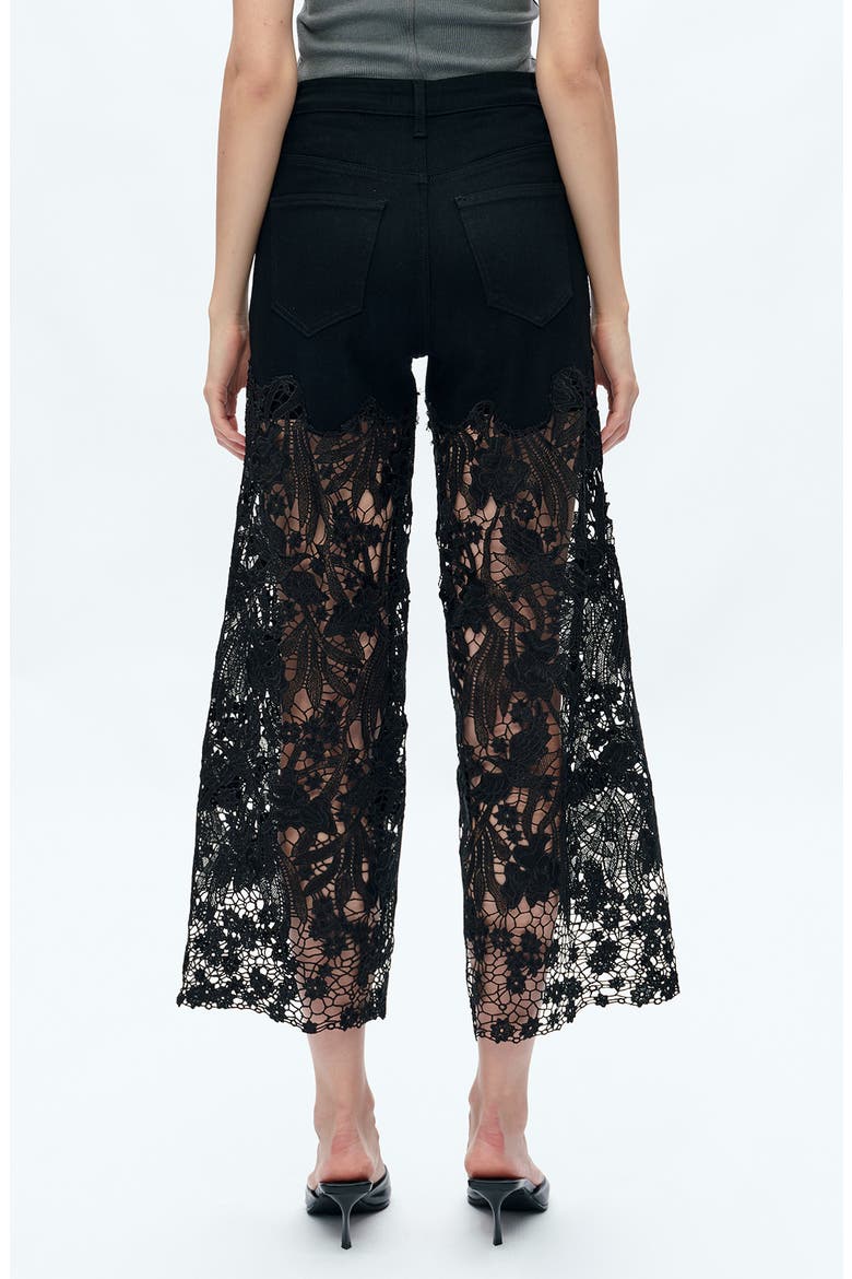 High Waist Crystal Embellished Lace Wide Leg Jeans, Alternate, color, BLACK