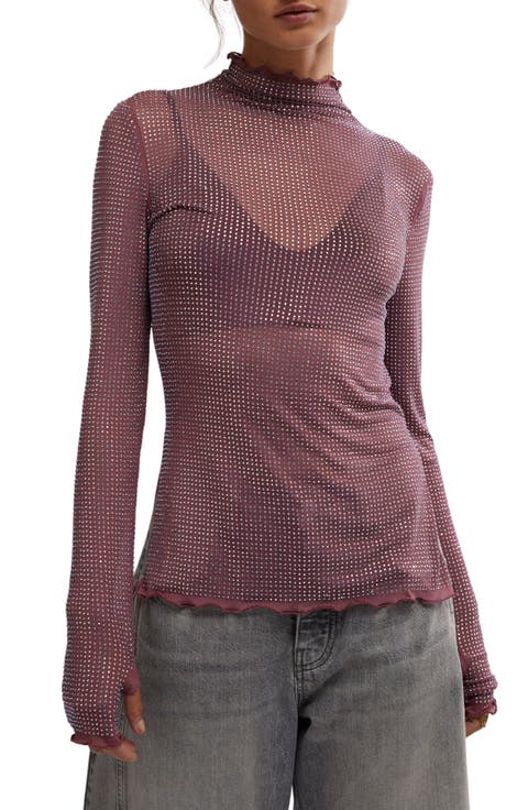 Dance All Night Crystal Embellished Sheer Long Sleeve Top