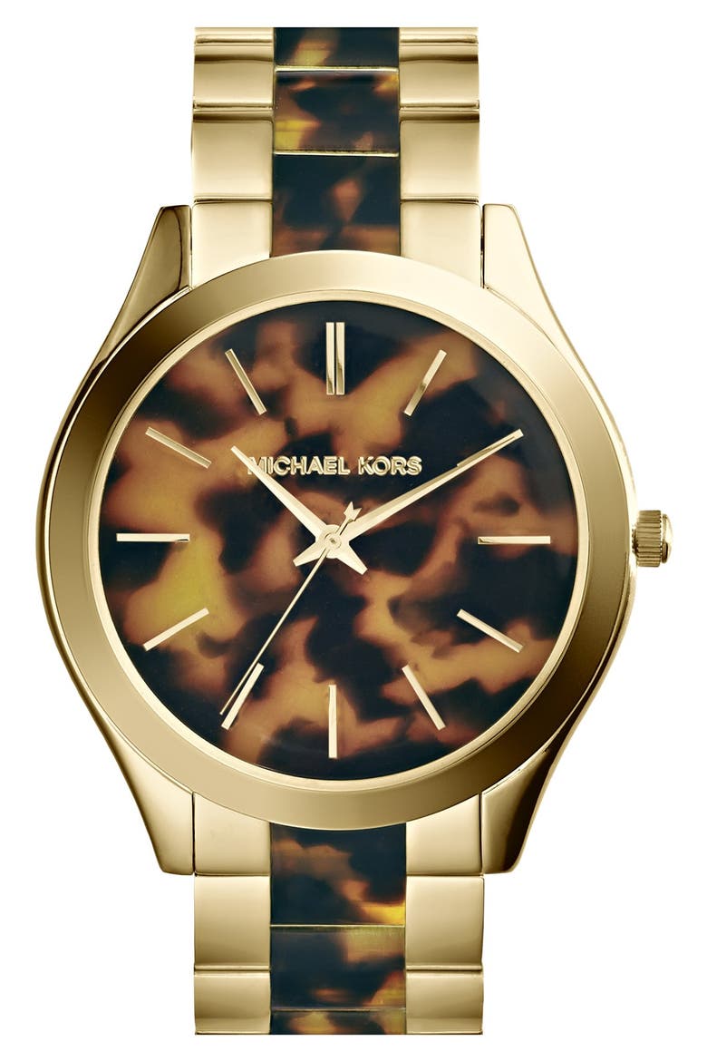 Michael Kors 'Slim Runway' Round Bracelet Watch, 42mm, Alternate, color, TORTOISE/ GOLD