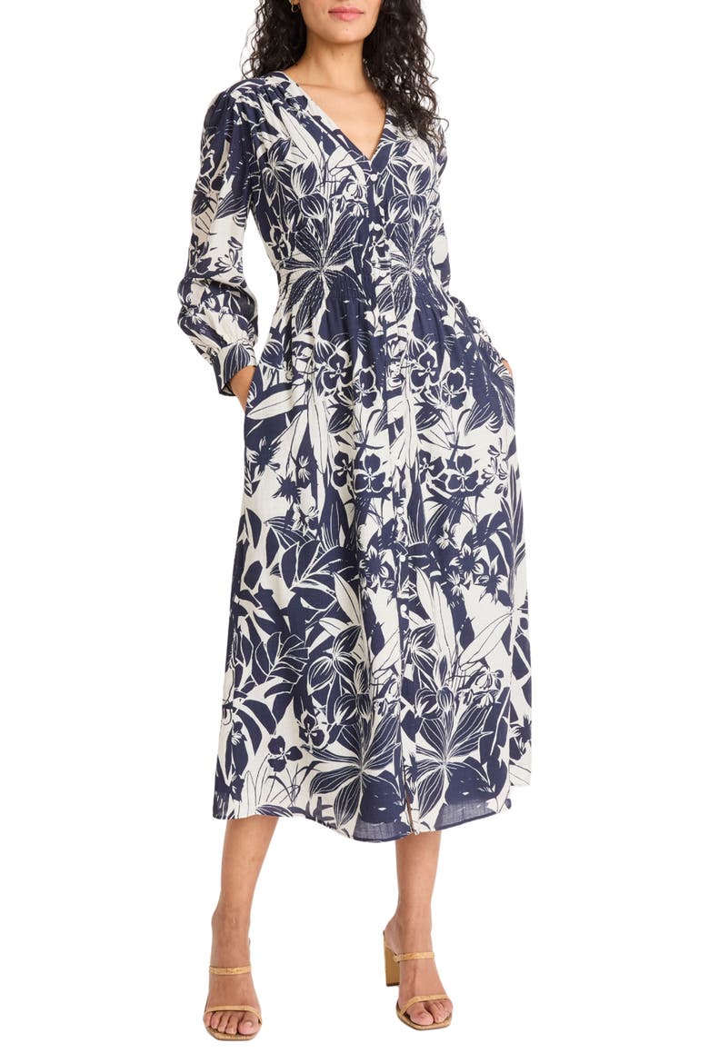 Long Sleeve Button-Up Midi Dress, Main, color, NAVY/ IVORY