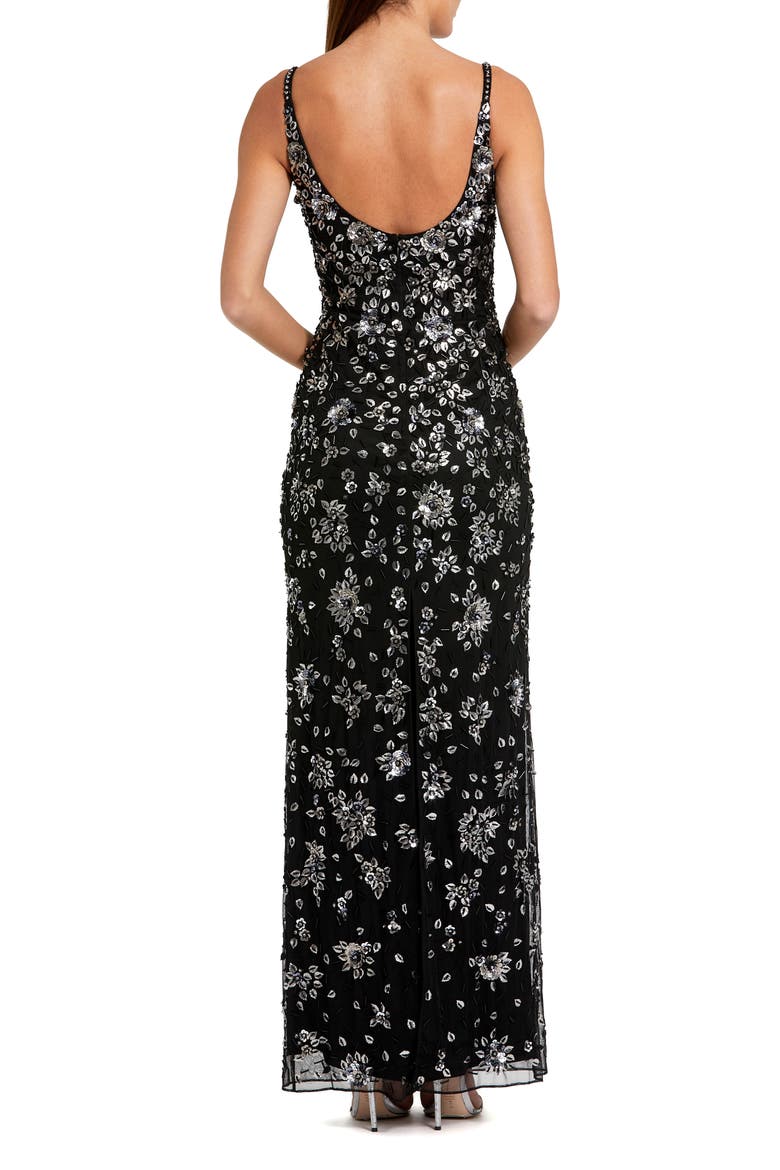 Floral Embellished Scoop Neck Evening Gown, Alternate, color, Black Silver