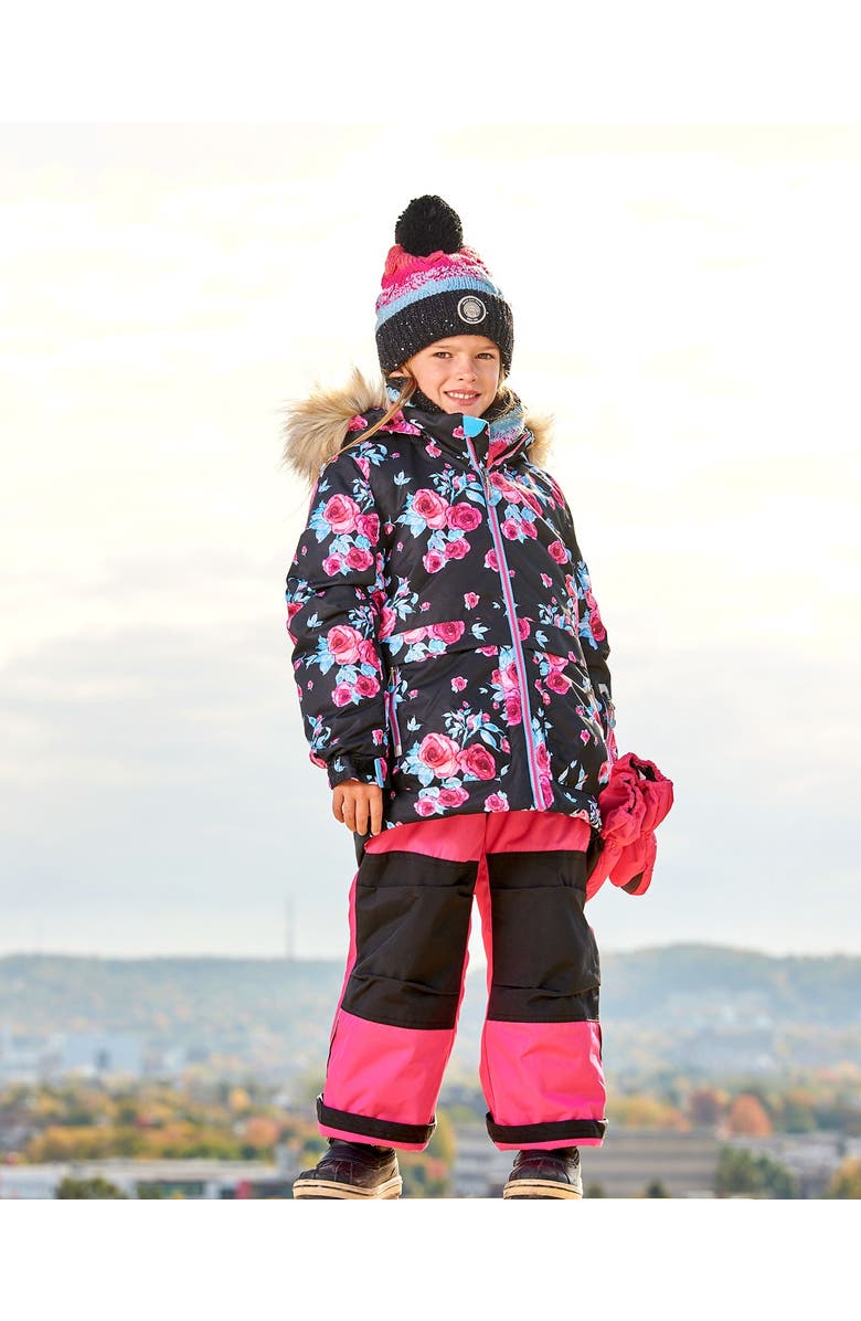 Deux par Deux Girl's Two Piece Snowsuit Black Printed Rose With Fuschia Pink, Alternate, color, 