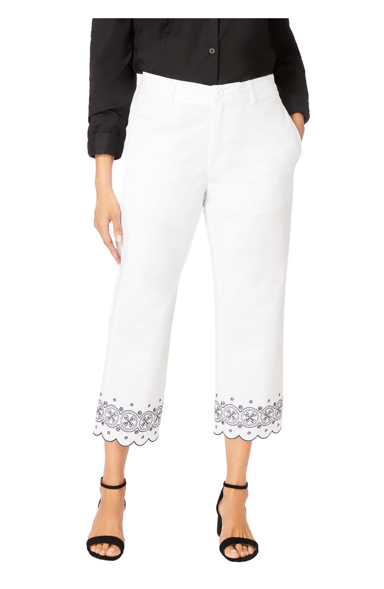 Jessica London Stretch Poplin Classic Cropped Straight Leg Pant, Main, color, White Medallion Embroidery