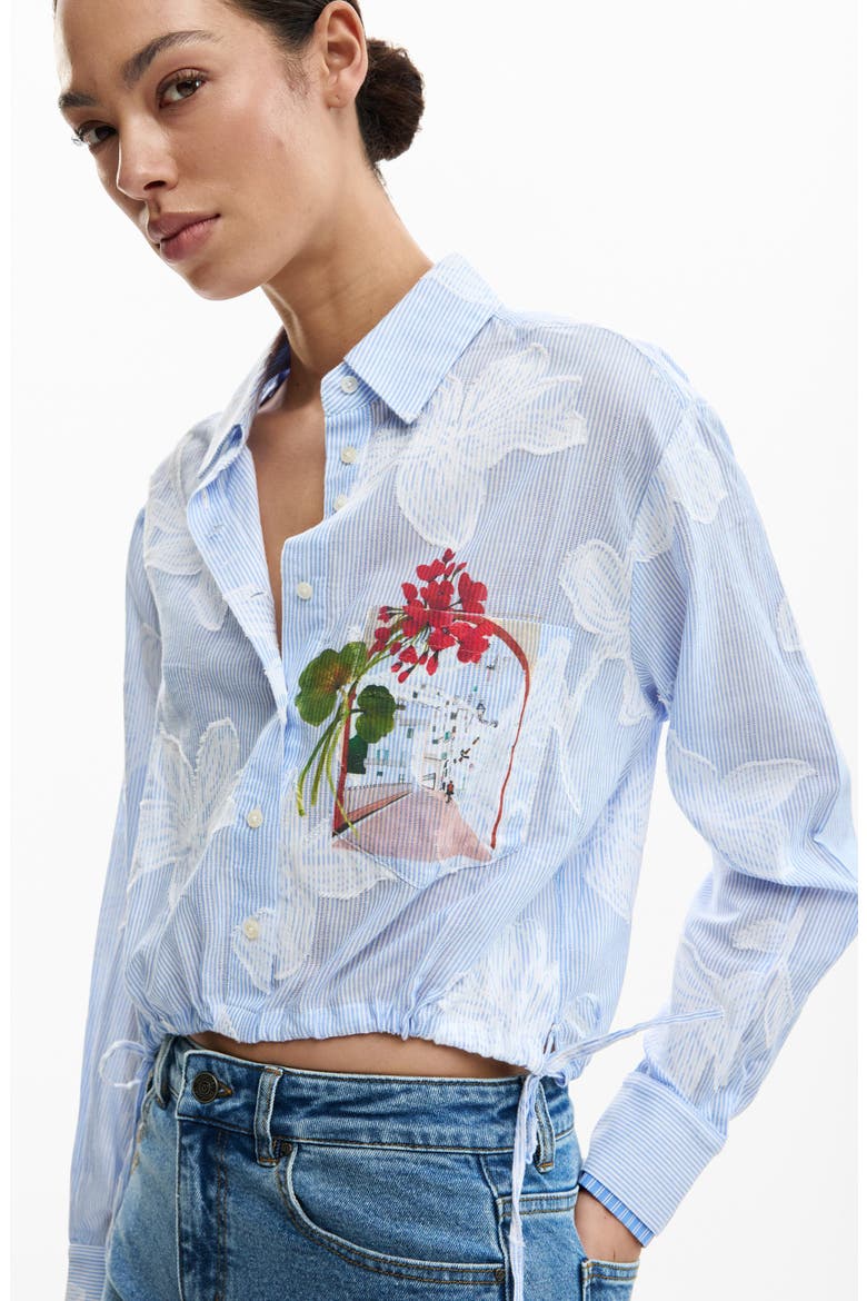 Floral Print Drawstring Crop Button-Up Top, Alternate, color, BLUE