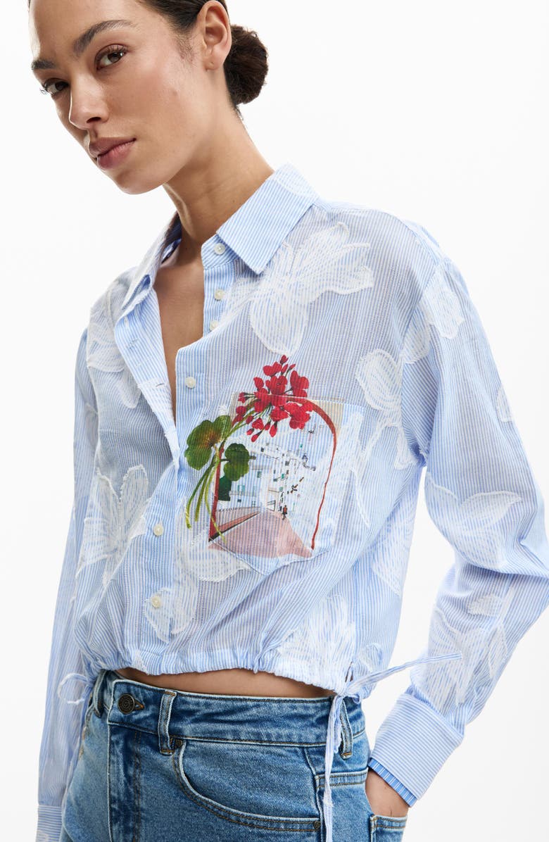 Desigual Floral Print Drawstring Crop Button-Up Top, Alternate, color,