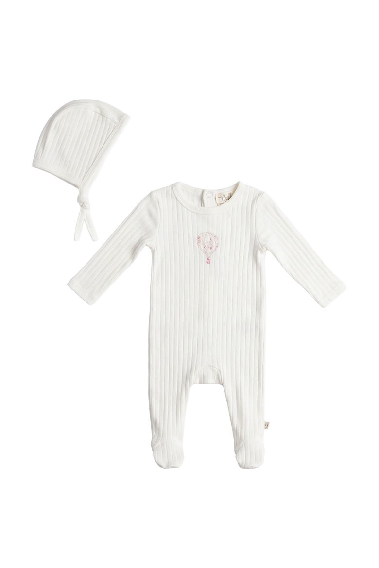 Girl Hot Air Balloon Pointelle Romper with Matching Bonnet, Main, color, Ivory/Red Floral