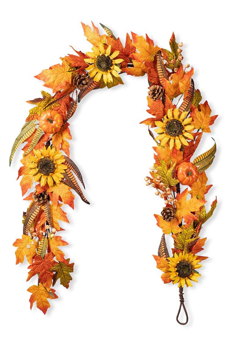 6ft Fall Maple Leaf and Sunflower Garland, Main, color, Orange