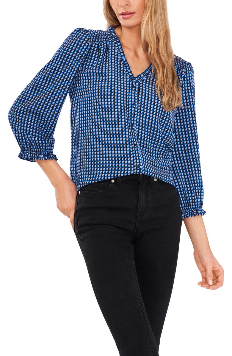 CeCe Geo Print Ruffle Trim Blouse, Main, color, 